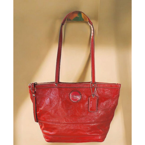 Coach Tangerine Stitched Patent Leather Tote Shoulder Bag F15142 Purse - Picture 1 of 10